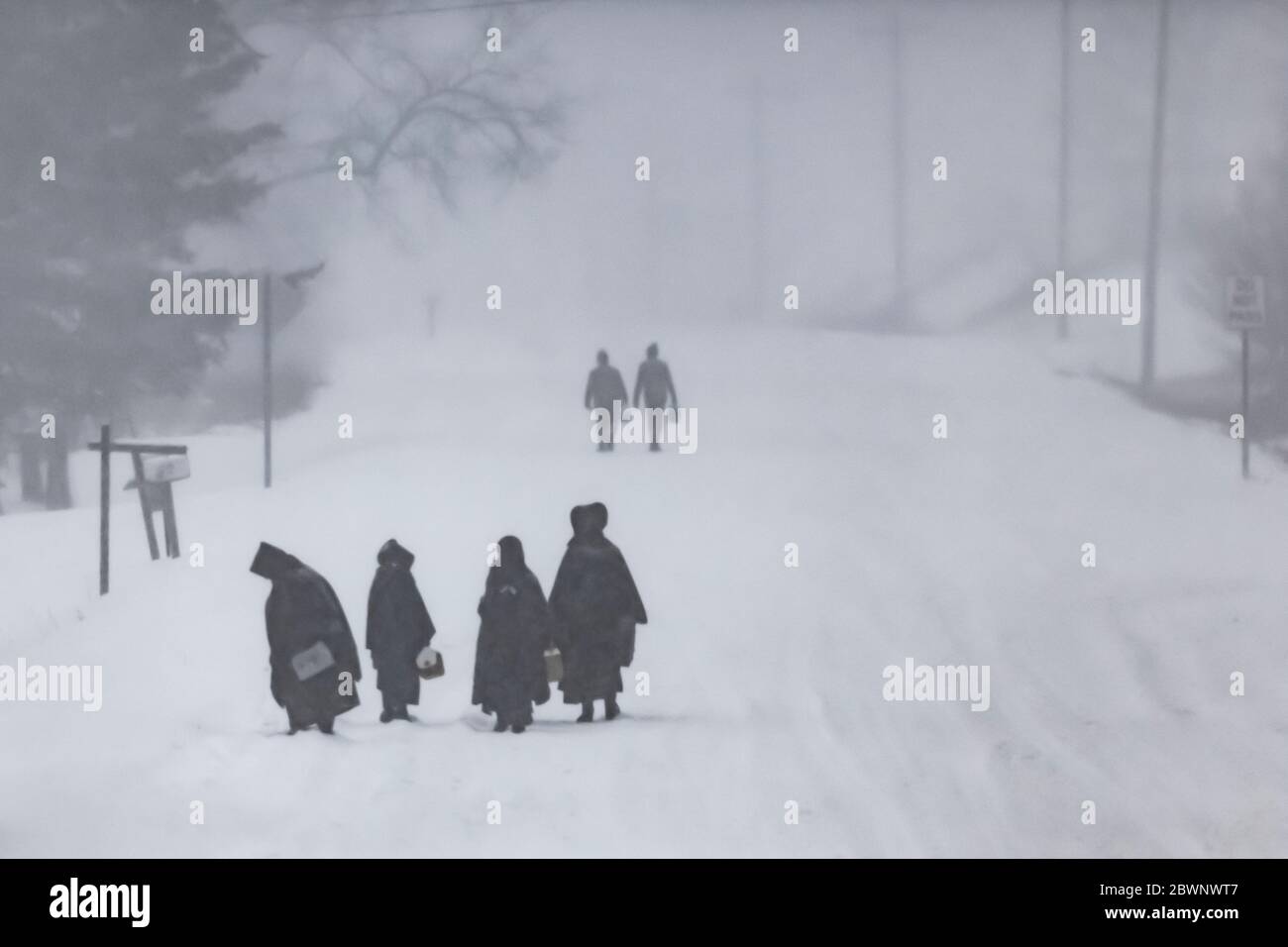 Amish children walking home from their one-room schoolhouse in a blizzard in central Michigan, USA Stock Photo