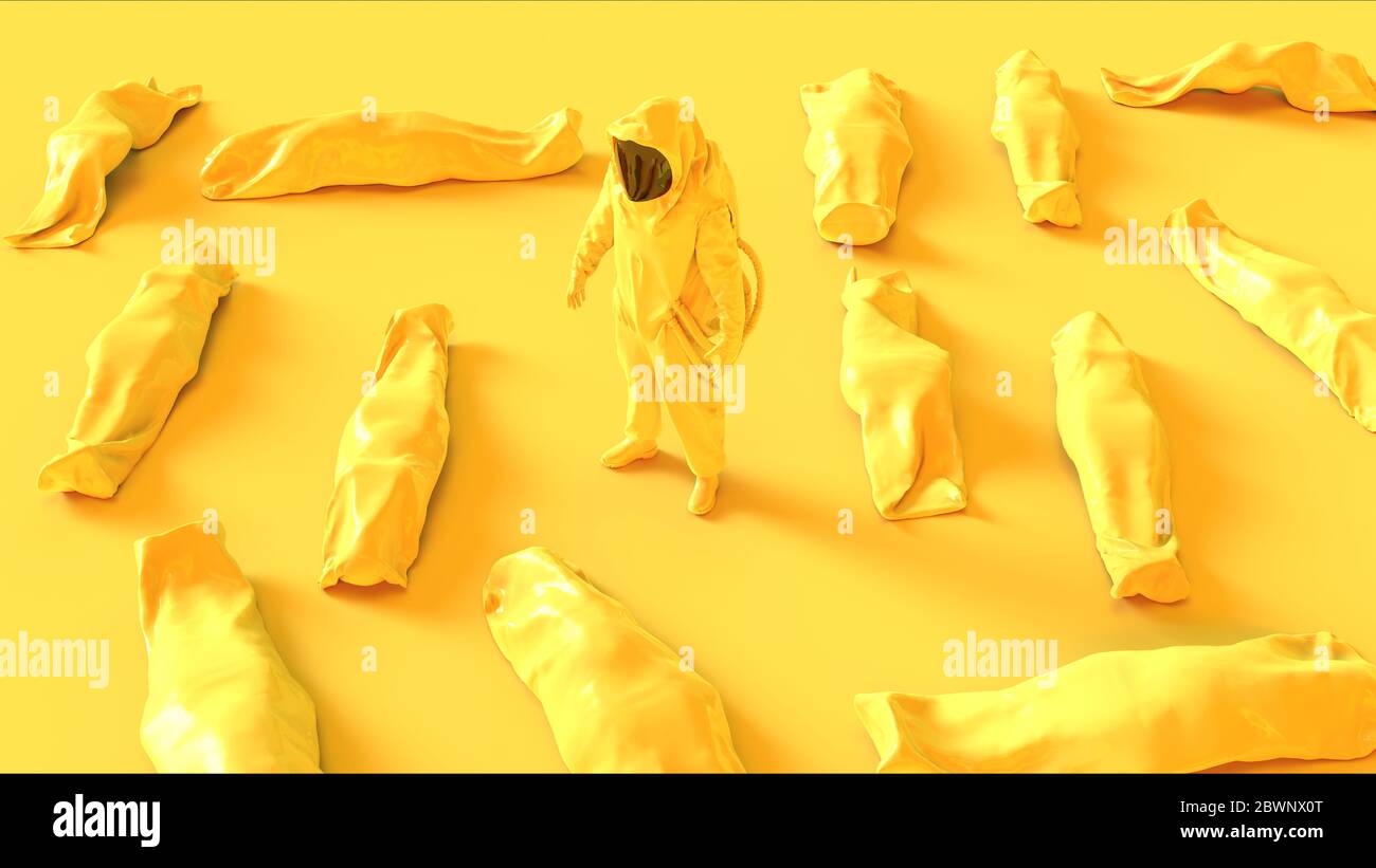 Yellow Corona Virus Hazmat NBC Suit Gas Mask with Body Bags Cadaver Pouch Human Remains 3d illustration 3d render Stock Photo