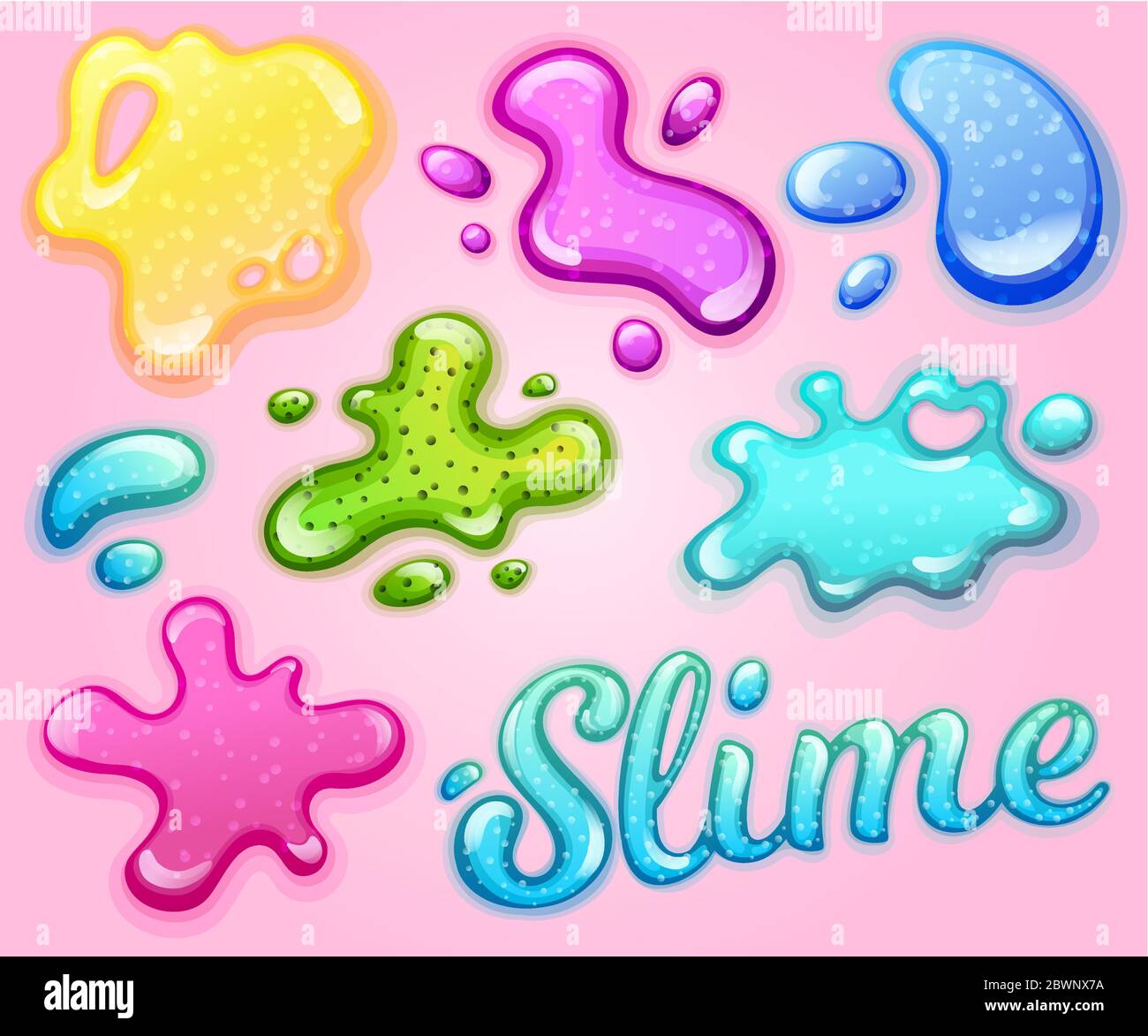 Colorful glitter slime blobs vector illustration set. Girly goo stains