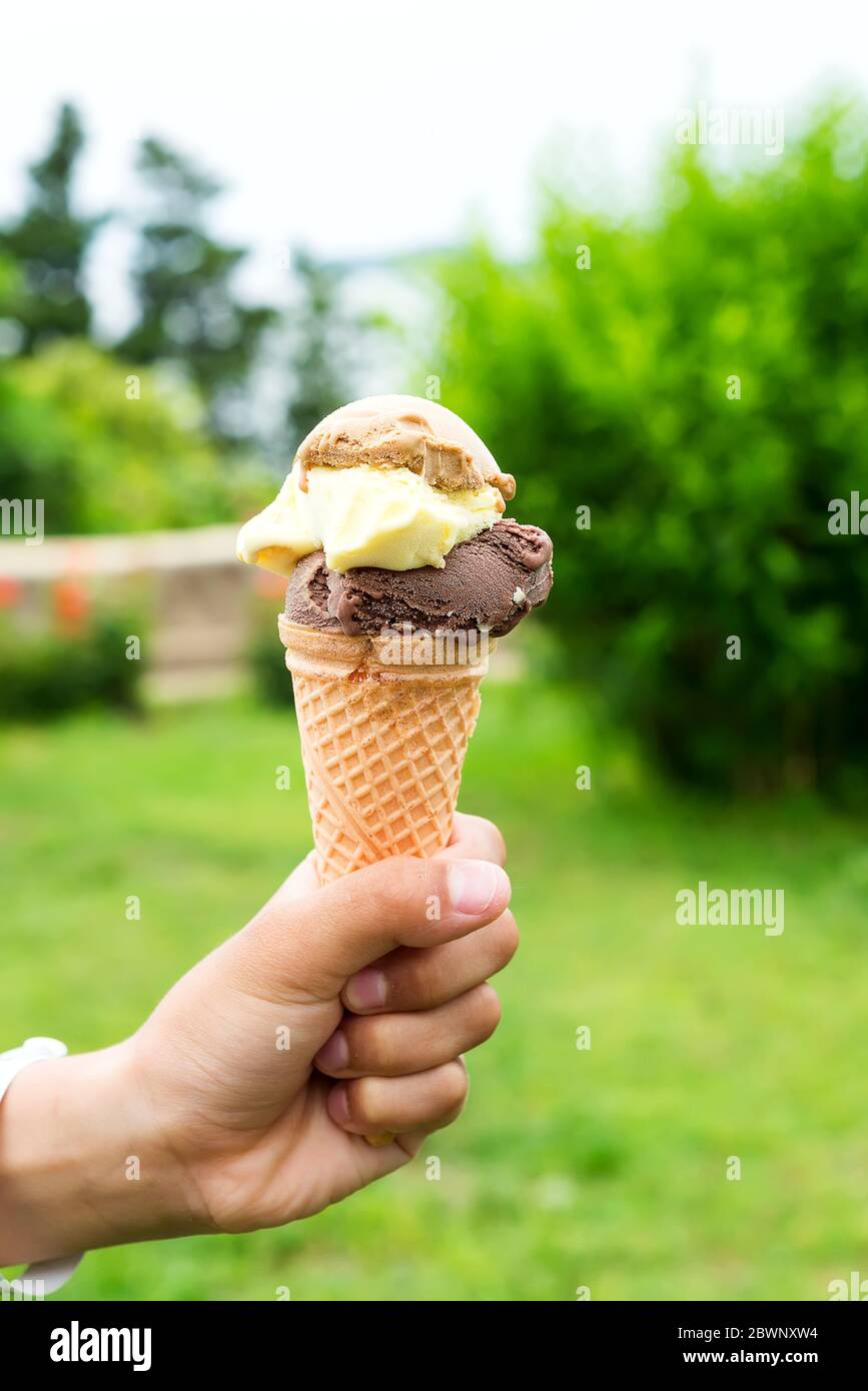 a young child's hand holding a dripping ice cream cone with three color balls on a natur background Stock Photo