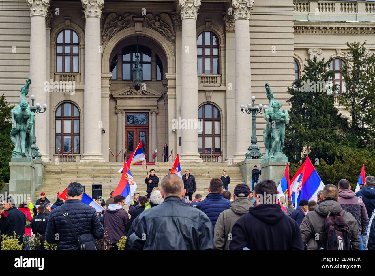 Belgrade / Serbia - December 21, 2019: Protest of Serbian army war veterans in front of the National Assembly of the Republic of Serbia in Belgrade Stock Photo