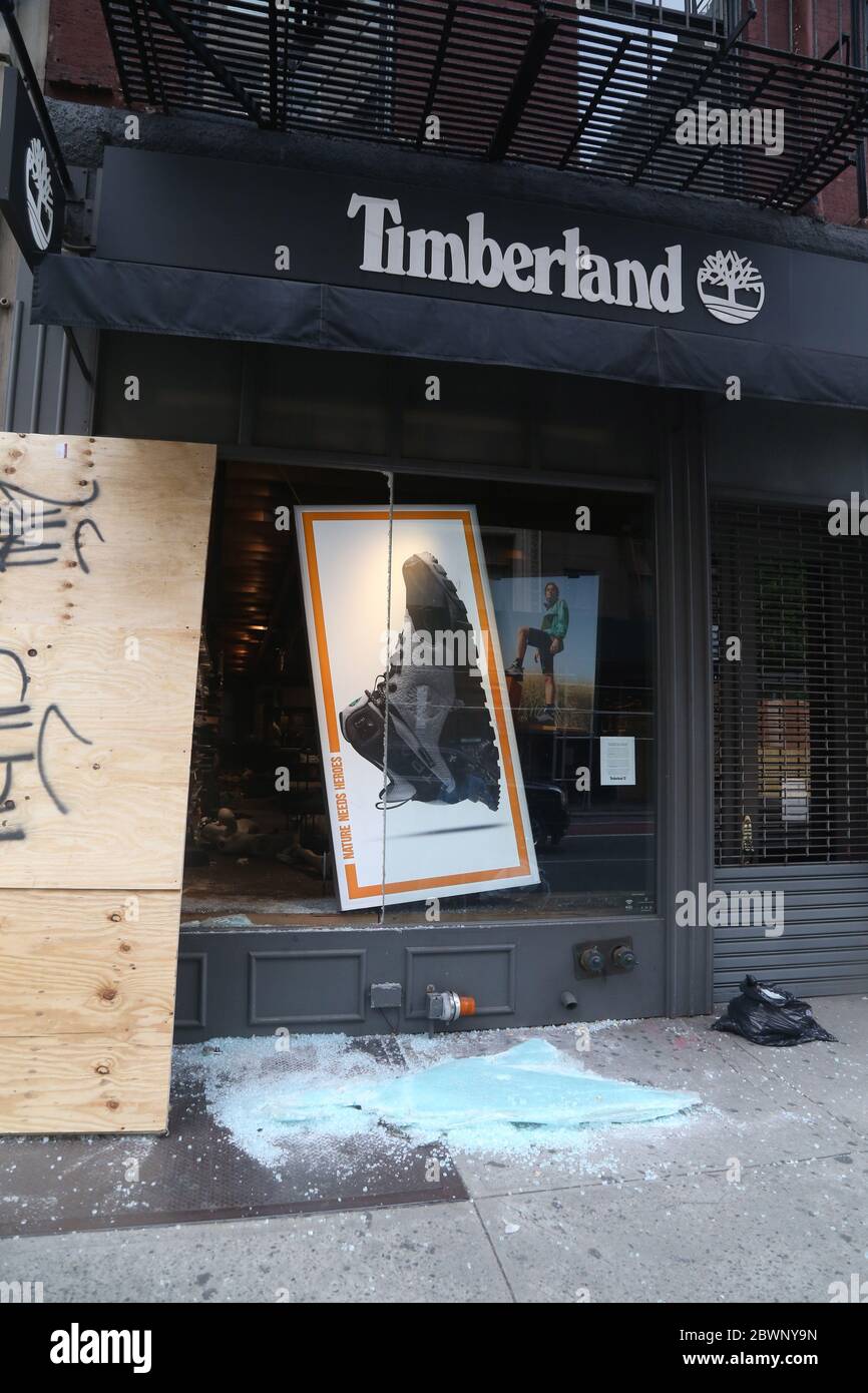 June 2, 2020, New York, NY, USA: The Morning After Looting In New York  City: A Timberland store was looted and ransacked. Looters pried open the  plywood placed to prevent them from