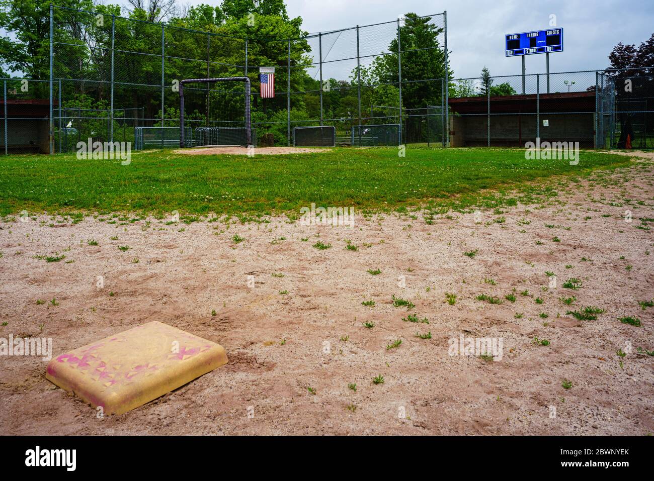 David L. Feldman Memorial Field, a baseball field in Mt. Kisco, NY remains closed due to the continued need for social distancing. Stock Photo