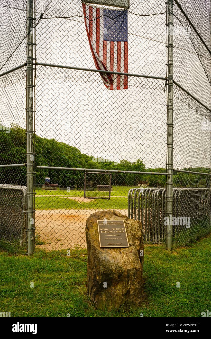 Mt. Kisco, New York May 29, 2020: Although Westchester County, part of the mid Hudson region just north of New York City, began Phase 1 of reopening after the coronavirus pandemic this week, ballfields such as David L. Feldman Memorial Field remain closed due to the continued need for social distancing. Stock Photo