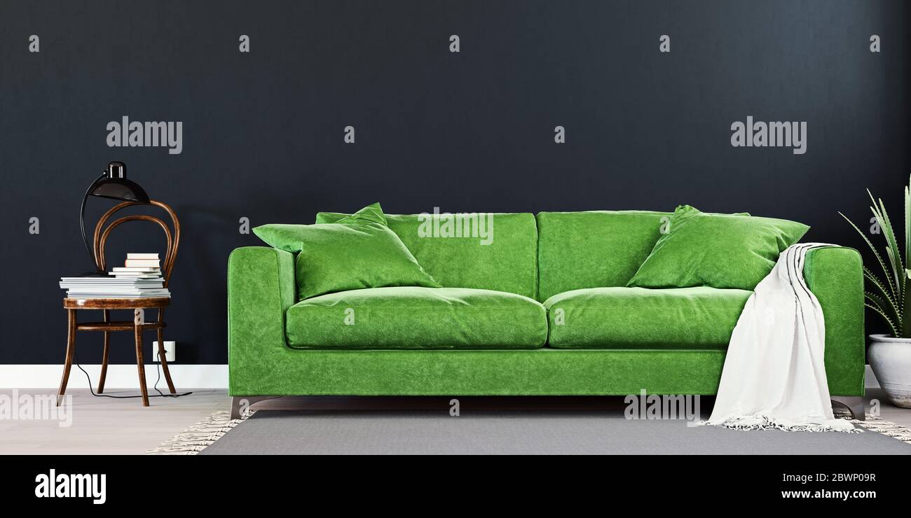 Black mock up wall with luxury shamrock green sofa in modern interior background, living room, Scandinavian style, 3D render, 3D illustration Stock Photo