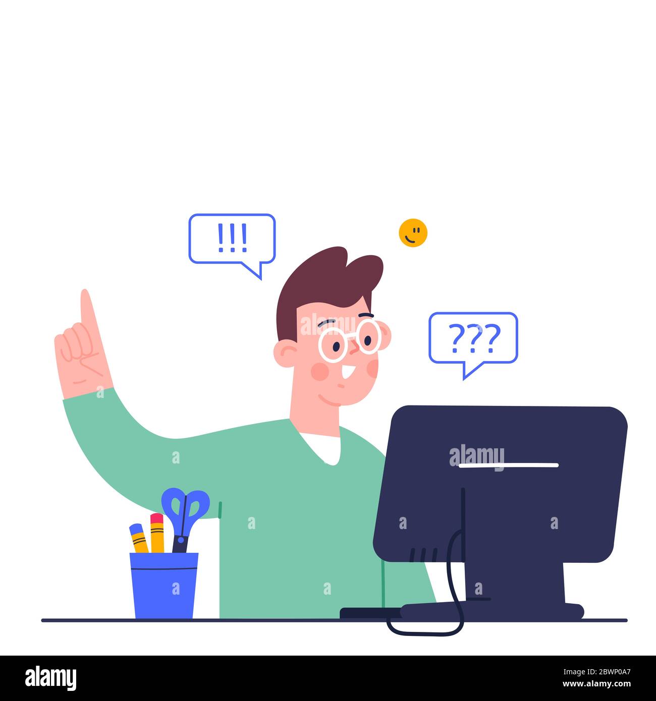 Online education concept. Cute boy studying homework during his online lesson at home, social distance during quarantine, self-isolation, home Stock Vector