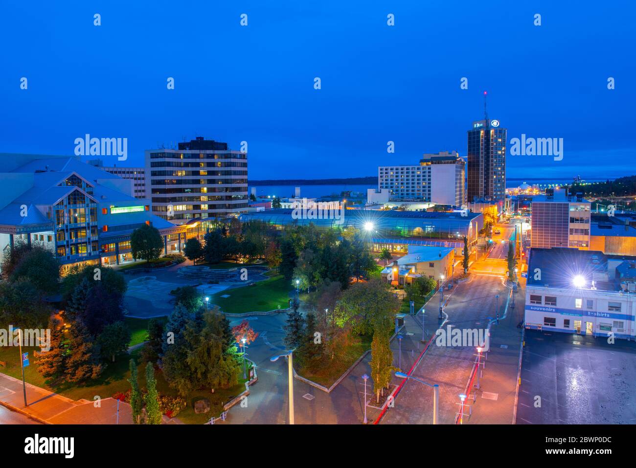 Anchorage downtown aerial view including Hilton Anchorage Hotel