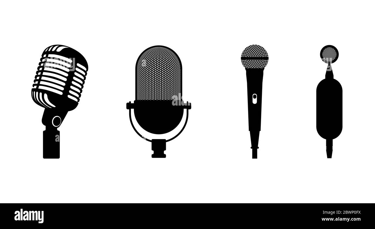 Four microphones retro classic and modern set. Microphone black silhouette on white background. Music icon mic. Mike flat design vector eps illustration Stock Vector