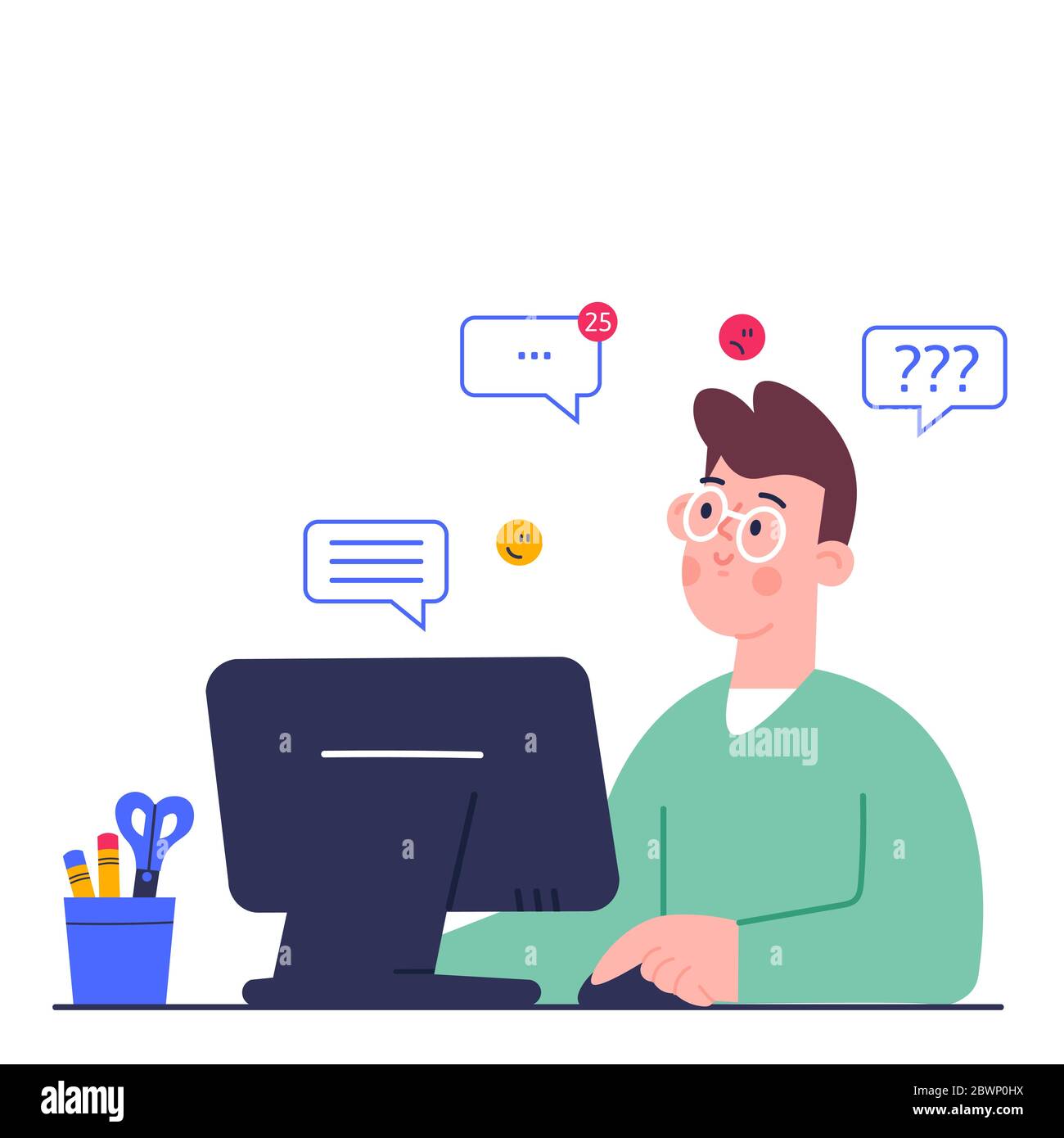 Online education concept. Cute boy studying homework during his online lesson at home, social distance during quarantine, self-isolation, home Stock Vector