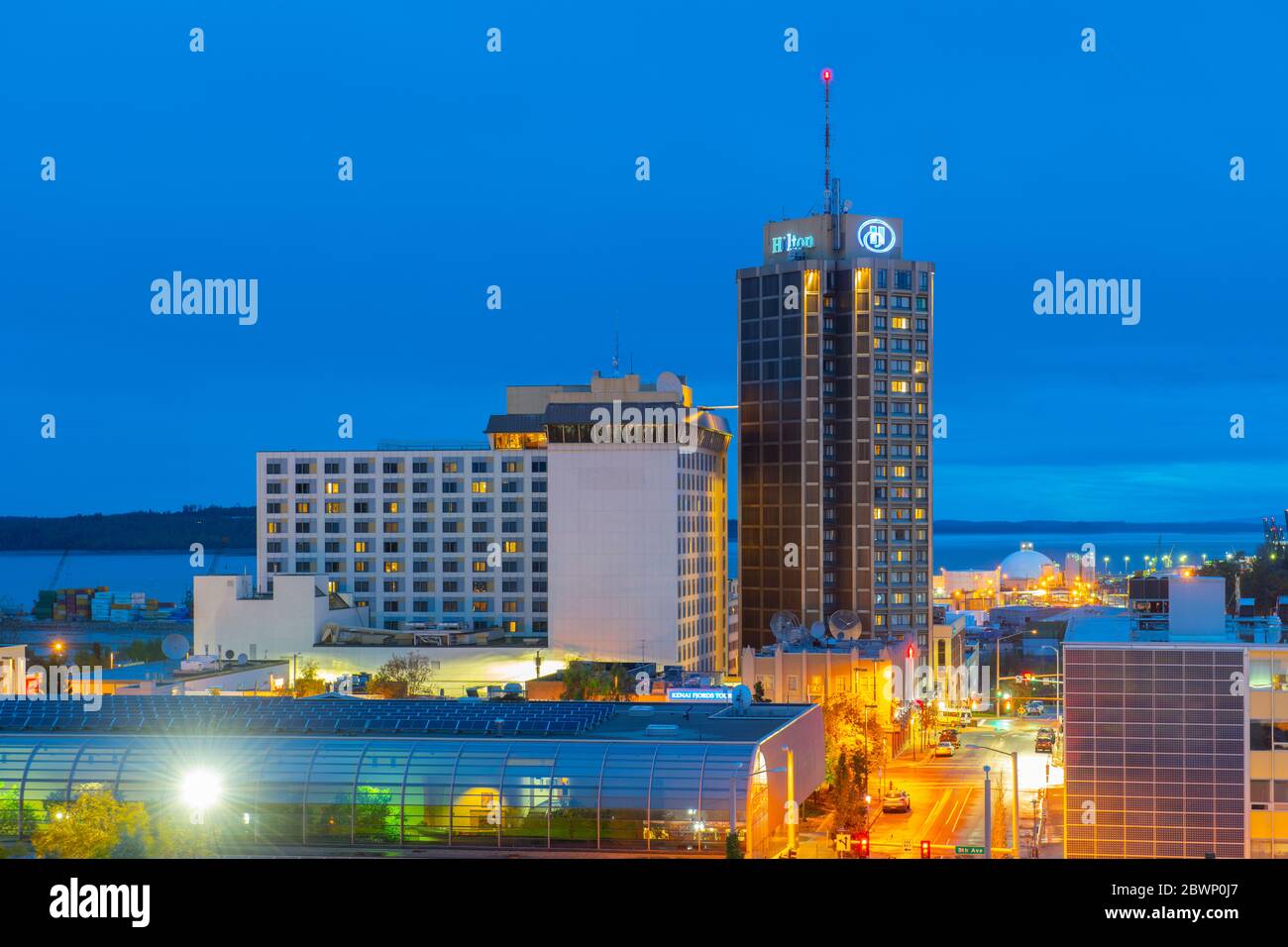 Anchorage downtown aerial view including Hilton Anchorage Hotel