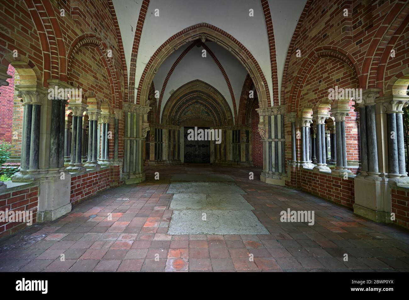 View into the historic narthex called Paradise at the Luebeck Cathedral built as a cloister hall with open arcades in brick architecture, selected foc Stock Photo