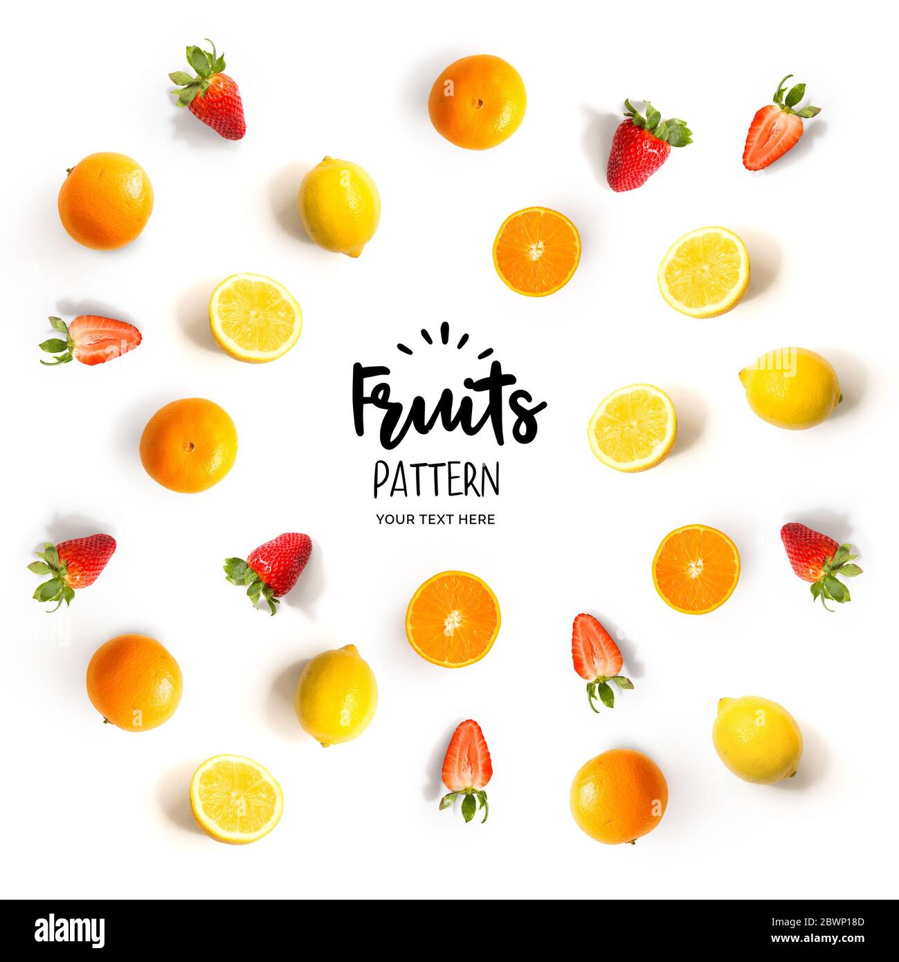 Seamless pattern with strawberry, lemon and orange.Strawberry, lemon and orange on the white