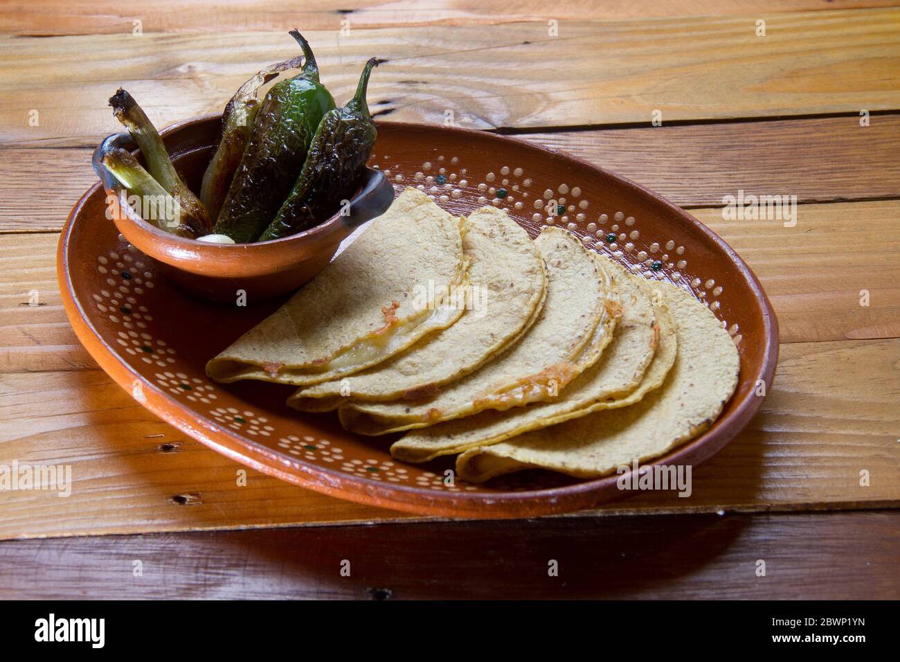 Traditional mexican quesadillas and roasted jalapenos chiles Stock Photo