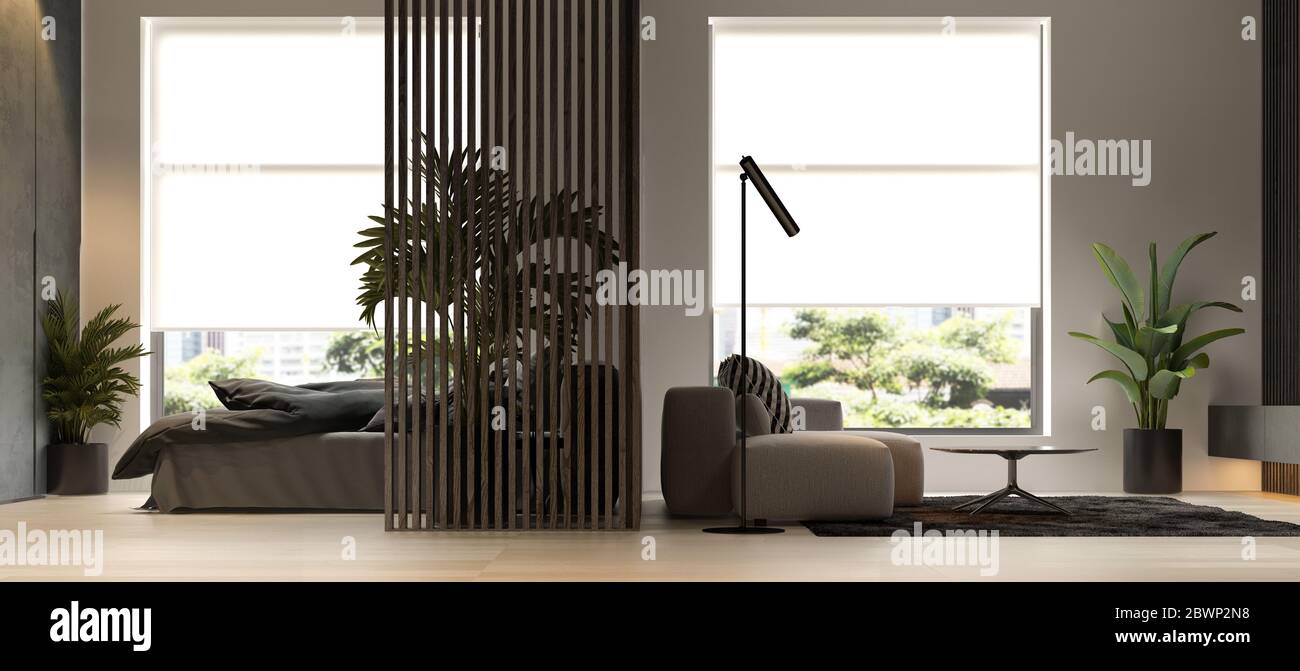 Black minimalist Interior of modern living room 3D rendering Stock