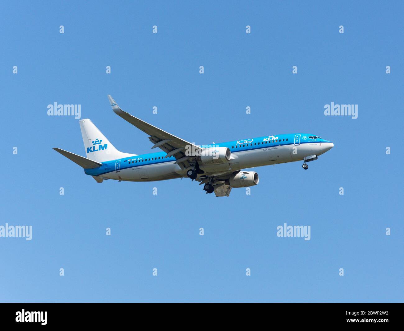 KLM Royal Dutch Airlines Boeing 737-8K2 landing at London Heathrow Airport, London Borough of Hillingdon, Greater London, England, United Kingdom Stock Photo