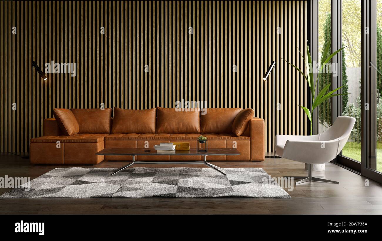 Interior of modern living room with sofa 3 D rendering Stock Photo - Alamy