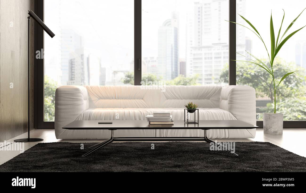Interior of modern living room with sofa 3D rendering Stock Photo - Alamy
