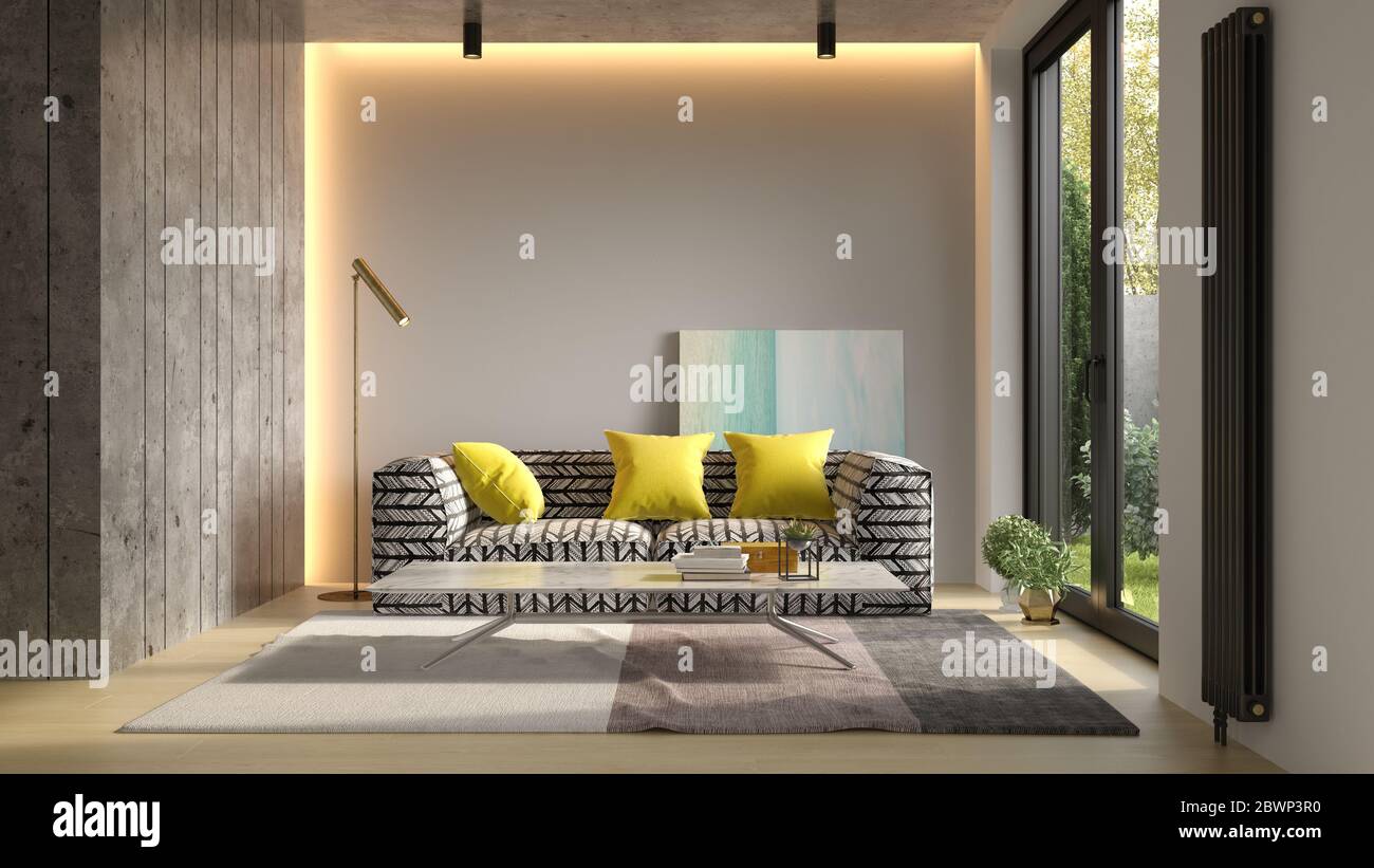 Interior of modern living room with sofa 3D rendering Stock Photo - Alamy