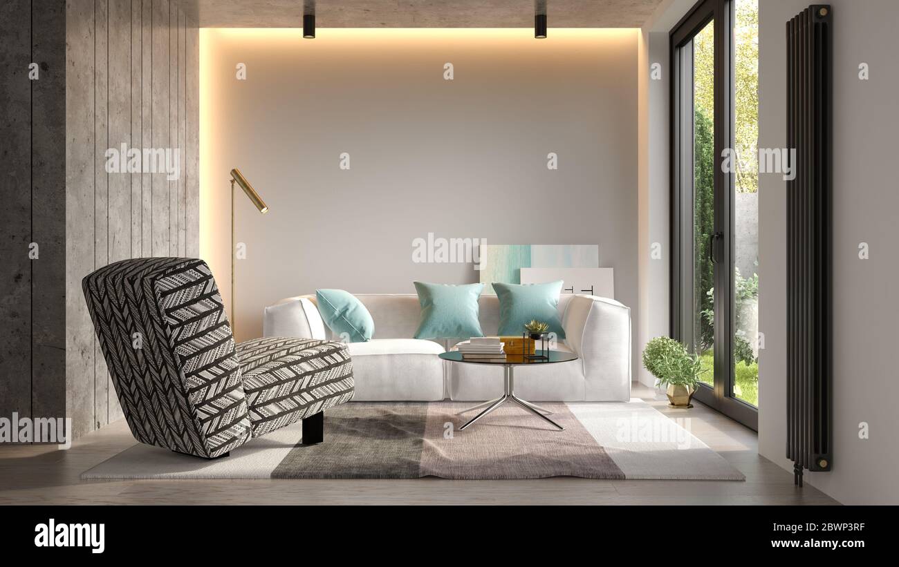 Interior of modern living room with sofa 3D rendering Stock Photo - Alamy