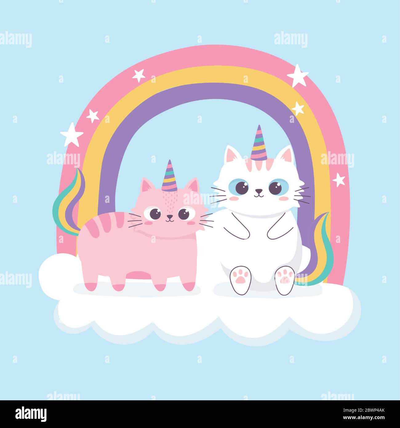 two cats horns and rainbow decoration cartoon animal funny character vector illustration Stock Vector
