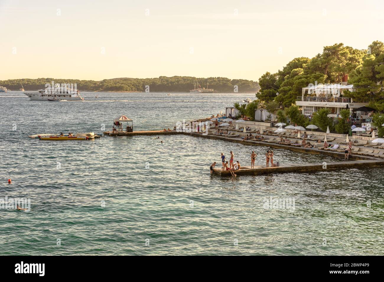 Splash Beach Bar in Hvar, Croatia at Golden Hour Stock Photo