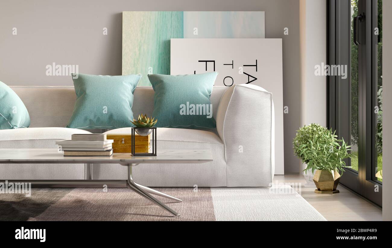 Interior of modern living room with sofa 3 D rendering Stock Photo - Alamy