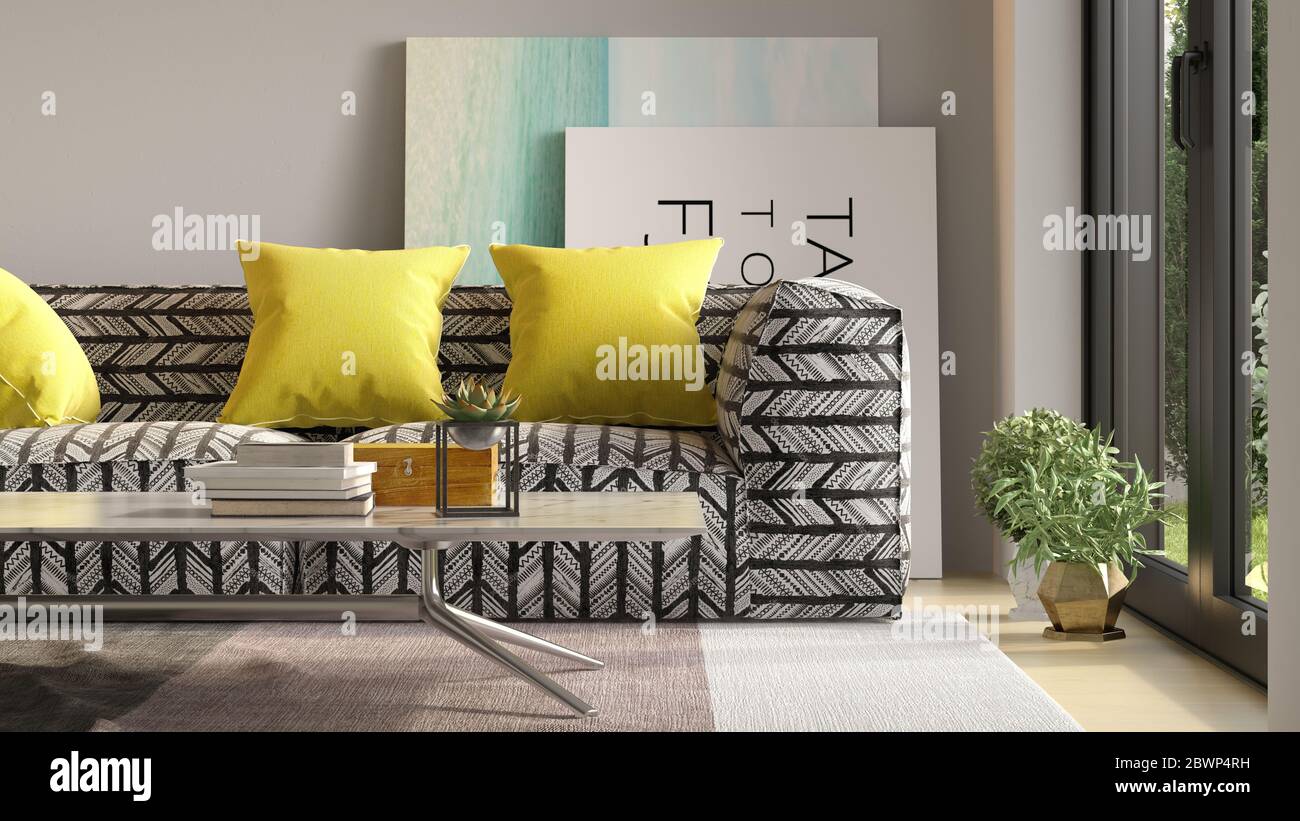 Interior of modern living room with sofa 3 D rendering Stock Photo - Alamy