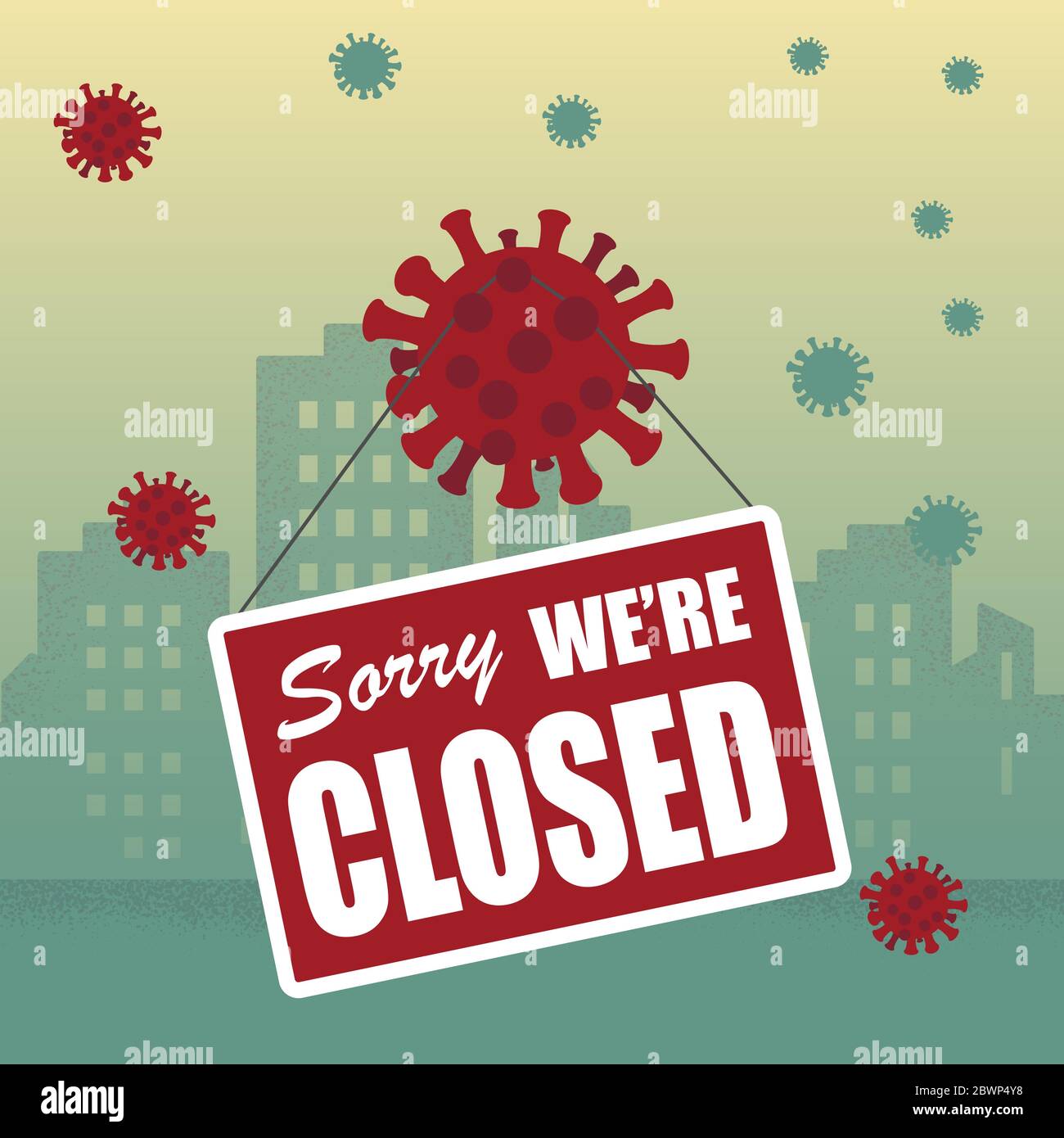 Closed sign hanging from floating coronavirus microbe with city backdrop . Stock Vector