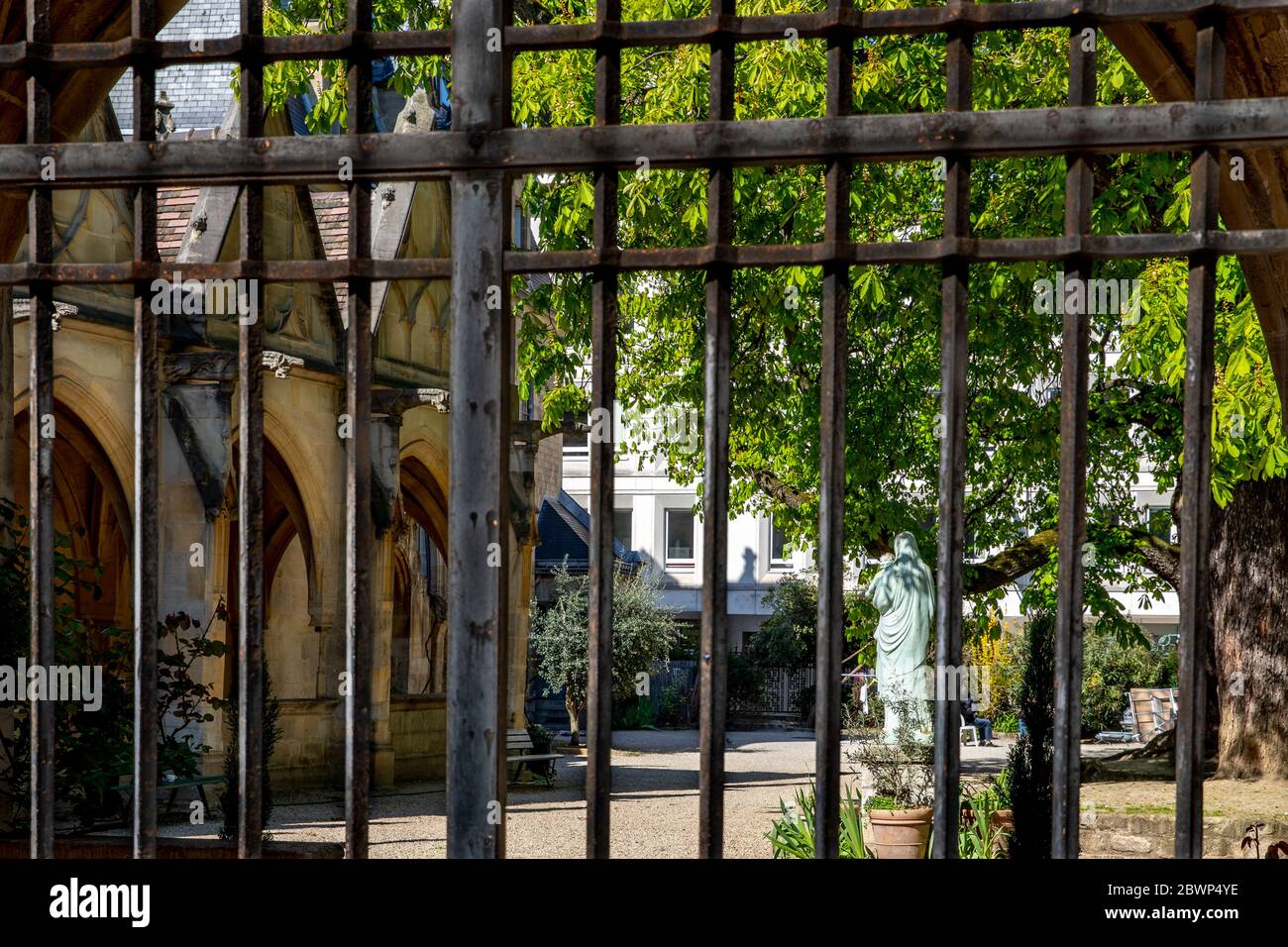 Paris, France - April 1, 2020: View of Saint Severin church garden in Paris Stock Photo