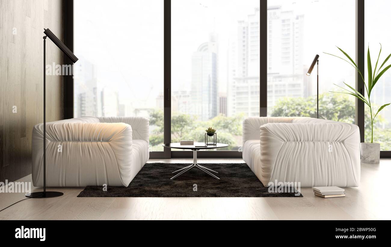 Interior of modern living room with sofa 3D rendering Stock Photo - Alamy