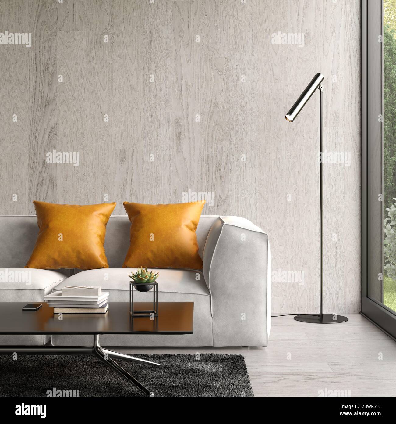 Interior of modern living room with sofa 3D rendering Stock Photo - Alamy