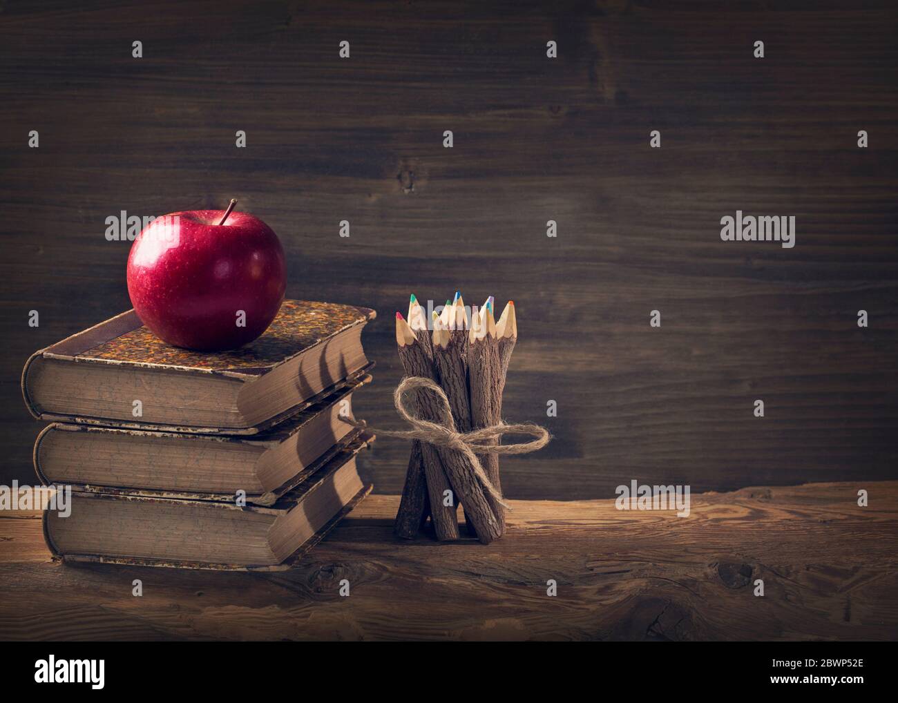 Back to School. Vintage still life with copy space. Stock Photo