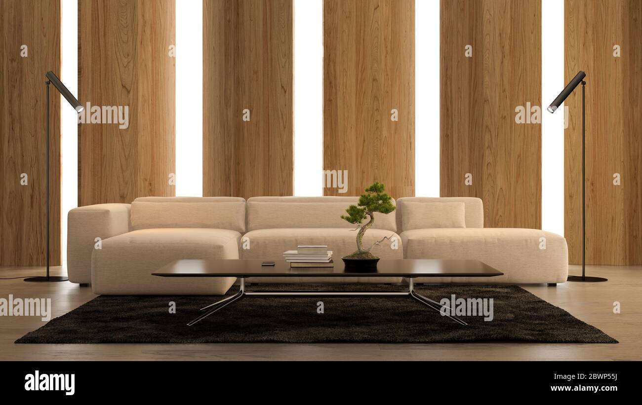 Interior of modern living room with sofa 3D rendering Stock Photo - Alamy