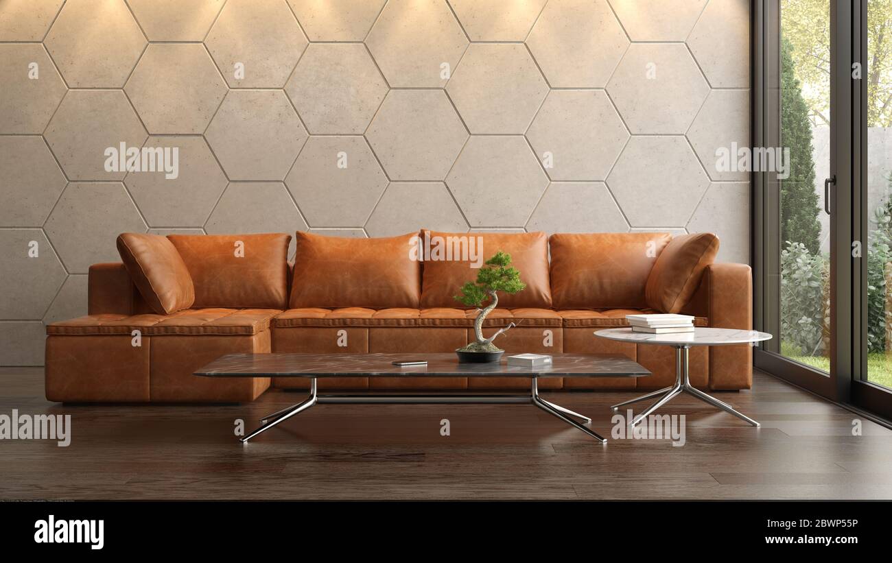 Interior of modern living room with sofa 3D rendering Stock Photo - Alamy