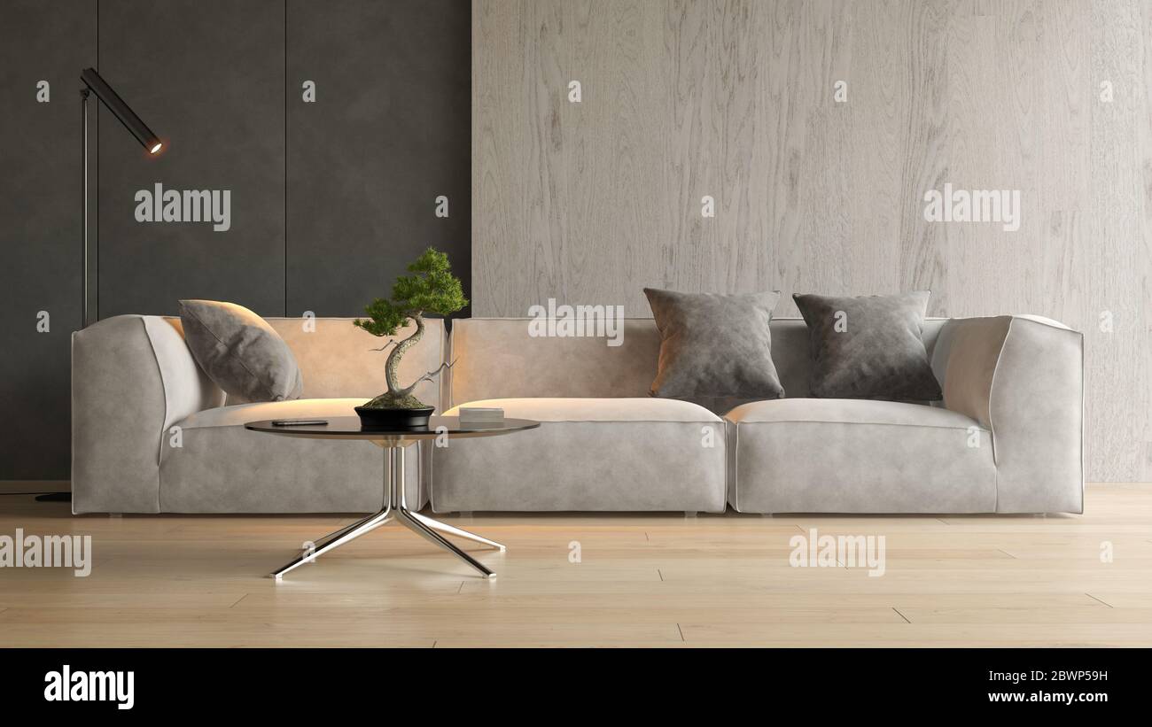 Interior of modern living room with sofa 3D rendering Stock Photo - Alamy
