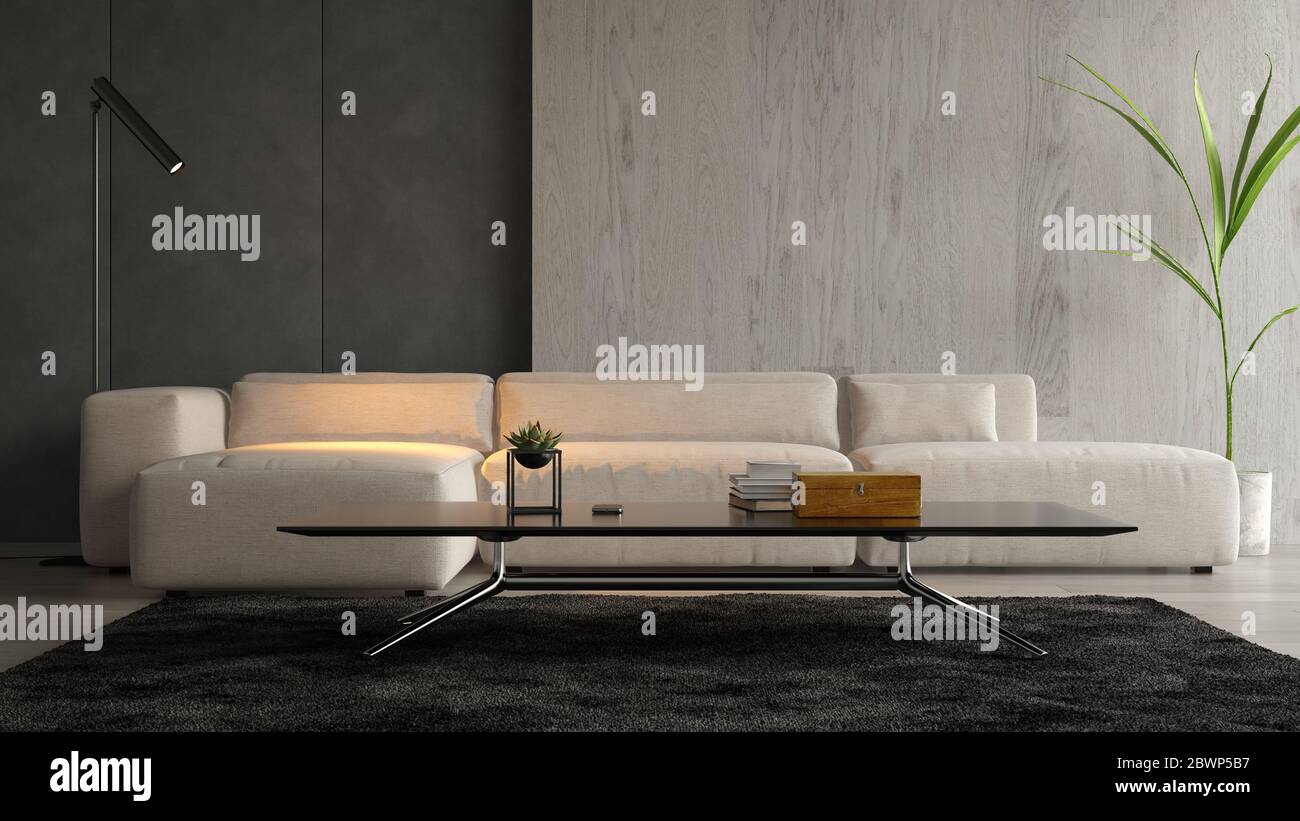 Interior of modern living room with sofa 3D rendering Stock Photo - Alamy