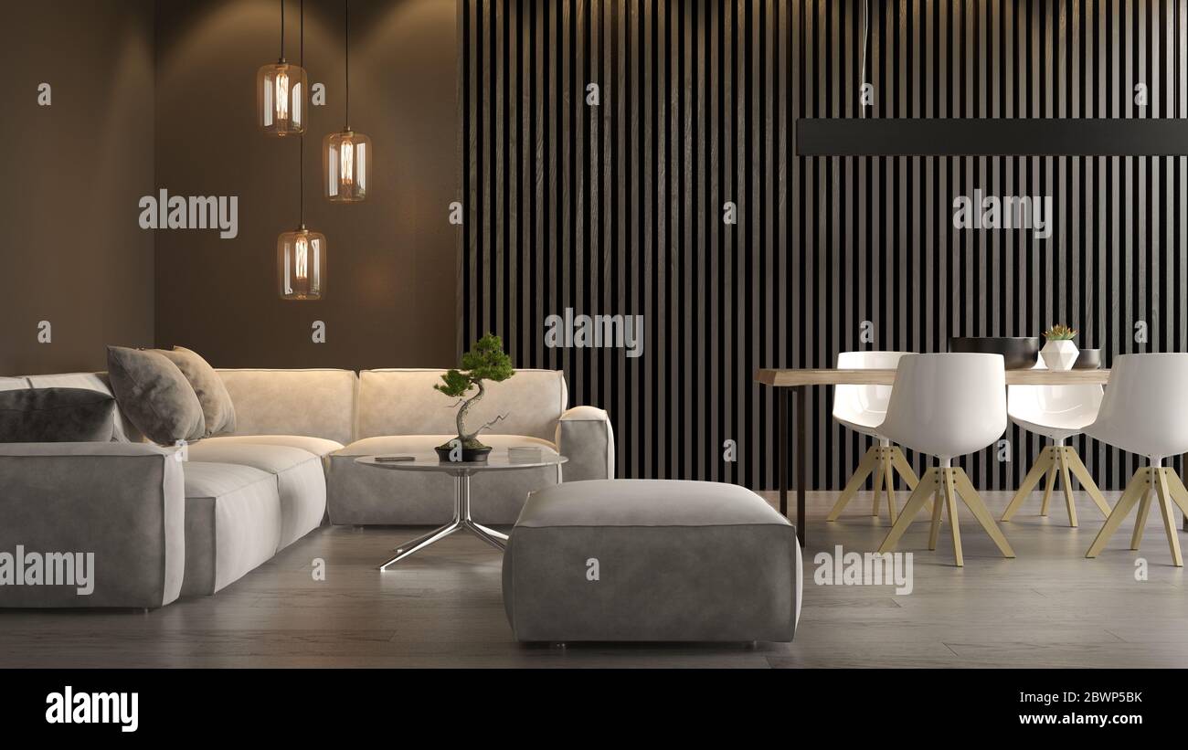 Interior of modern living room with sofa 3D rendering Stock Photo - Alamy