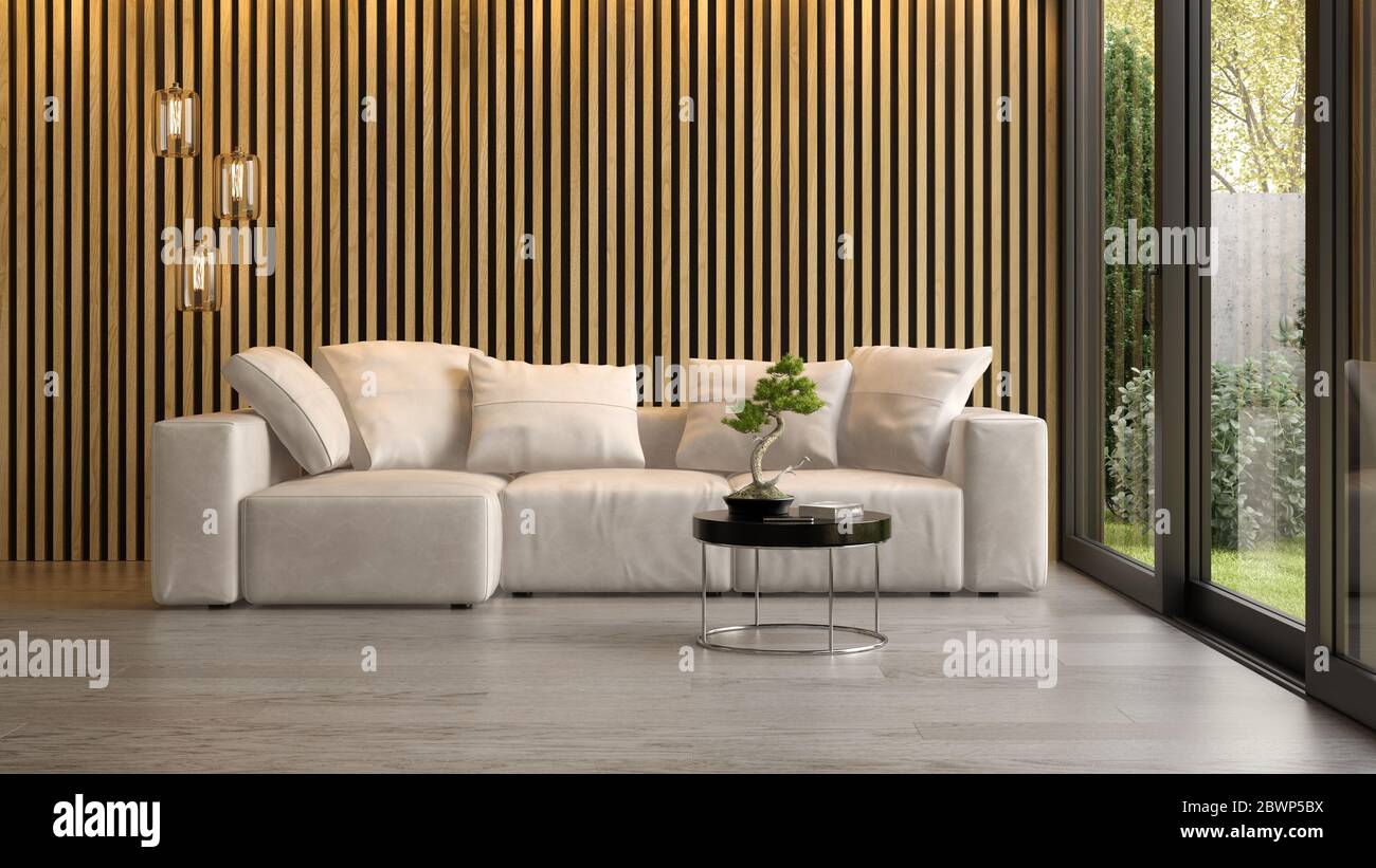 Interior of modern living room with sofa 3D rendering Stock Photo - Alamy