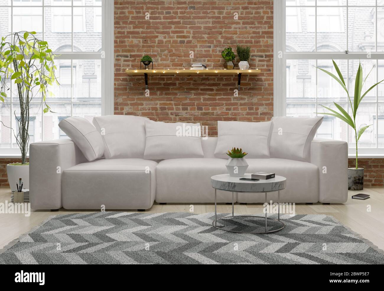 Interior of modern living room with sofa 3D rendering Stock Photo - Alamy