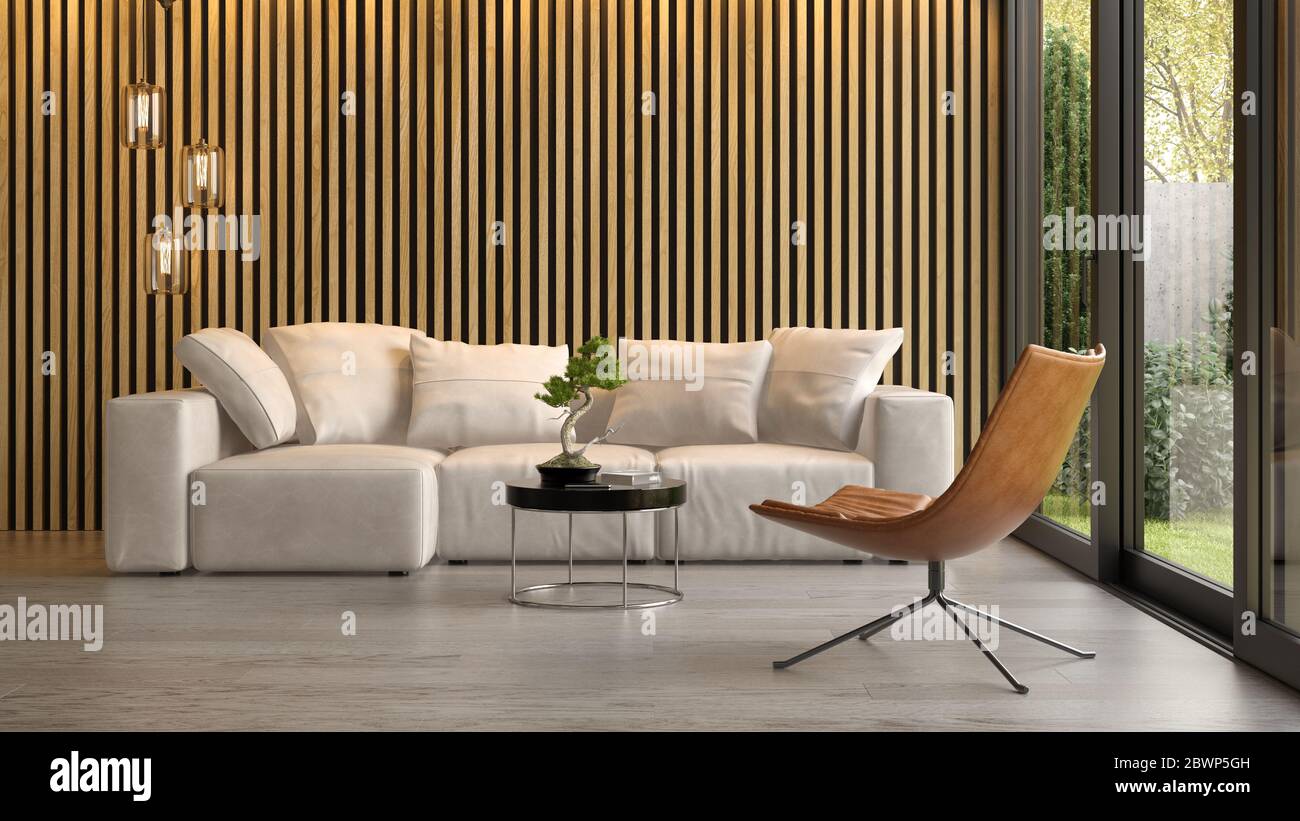 Photo inspiration: Fresh Look at Interior Of Modern Living Room With Sofa 3D Rendering Stock