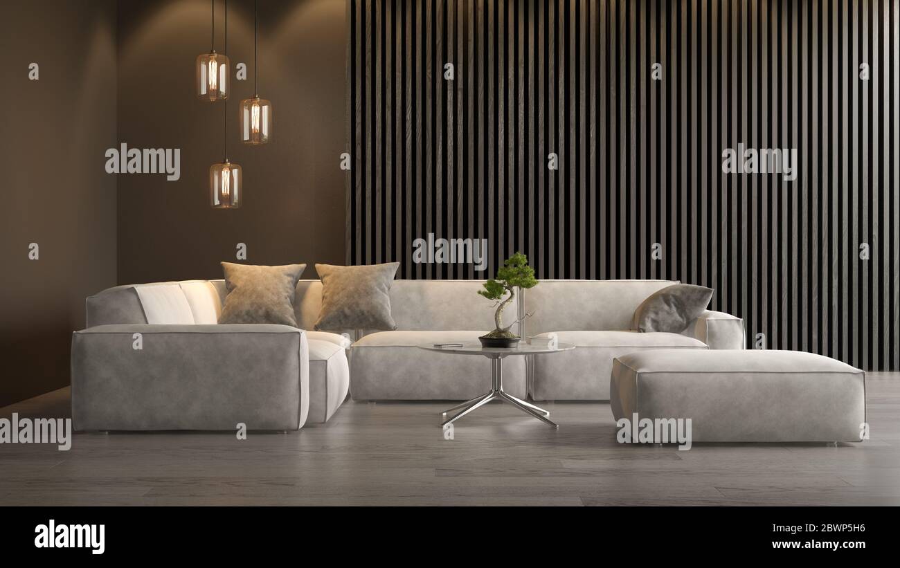 Interior of modern living room with sofa 3D rendering Stock Photo - Alamy