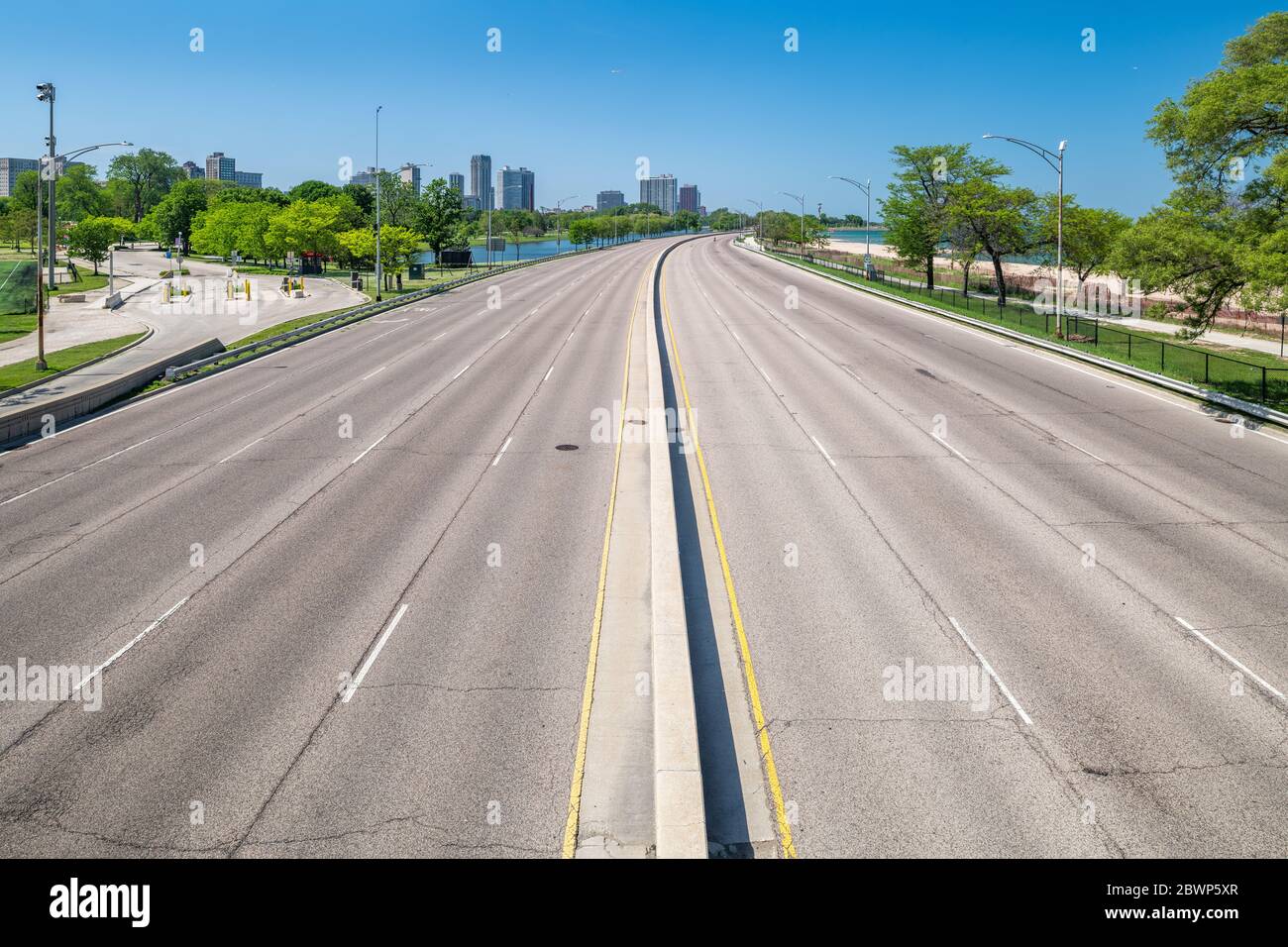 Lake Shore Drive empty as a result of closure in response to George Floyd protest. Stock Photo
