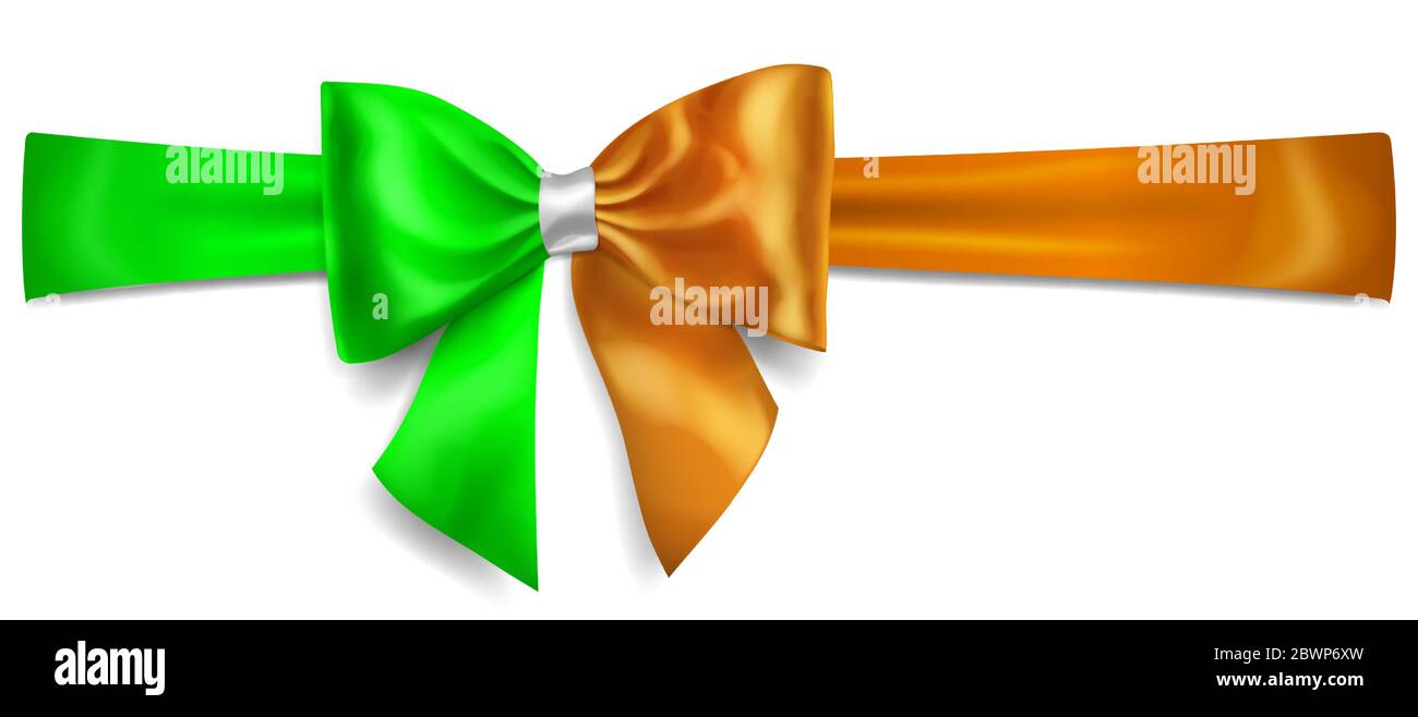 Big bow made of ribbon in Ireland flag colors with shadow on white