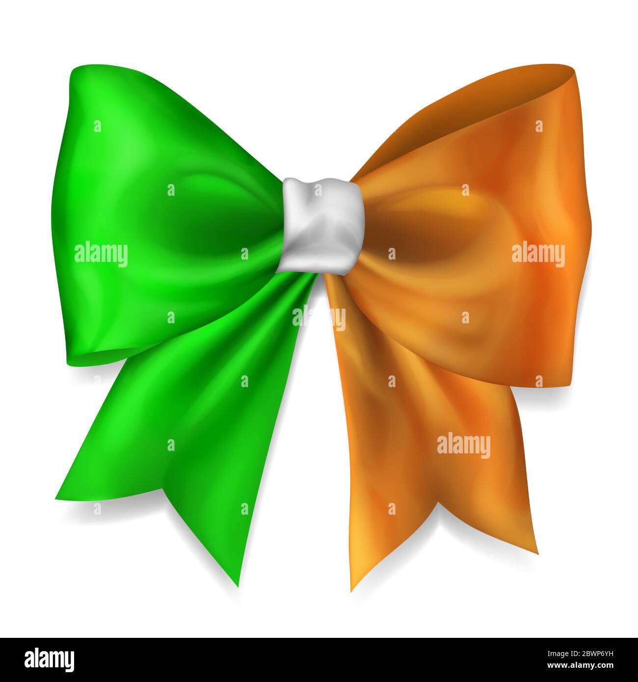 Big bow made of ribbon in Ireland flag colors with shadow on white