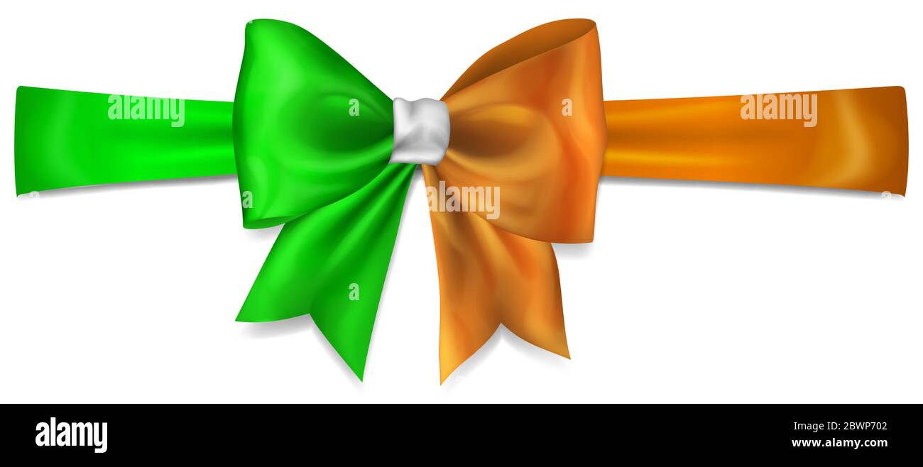 Big bow made of ribbon in Ireland flag colors with shadow on white
