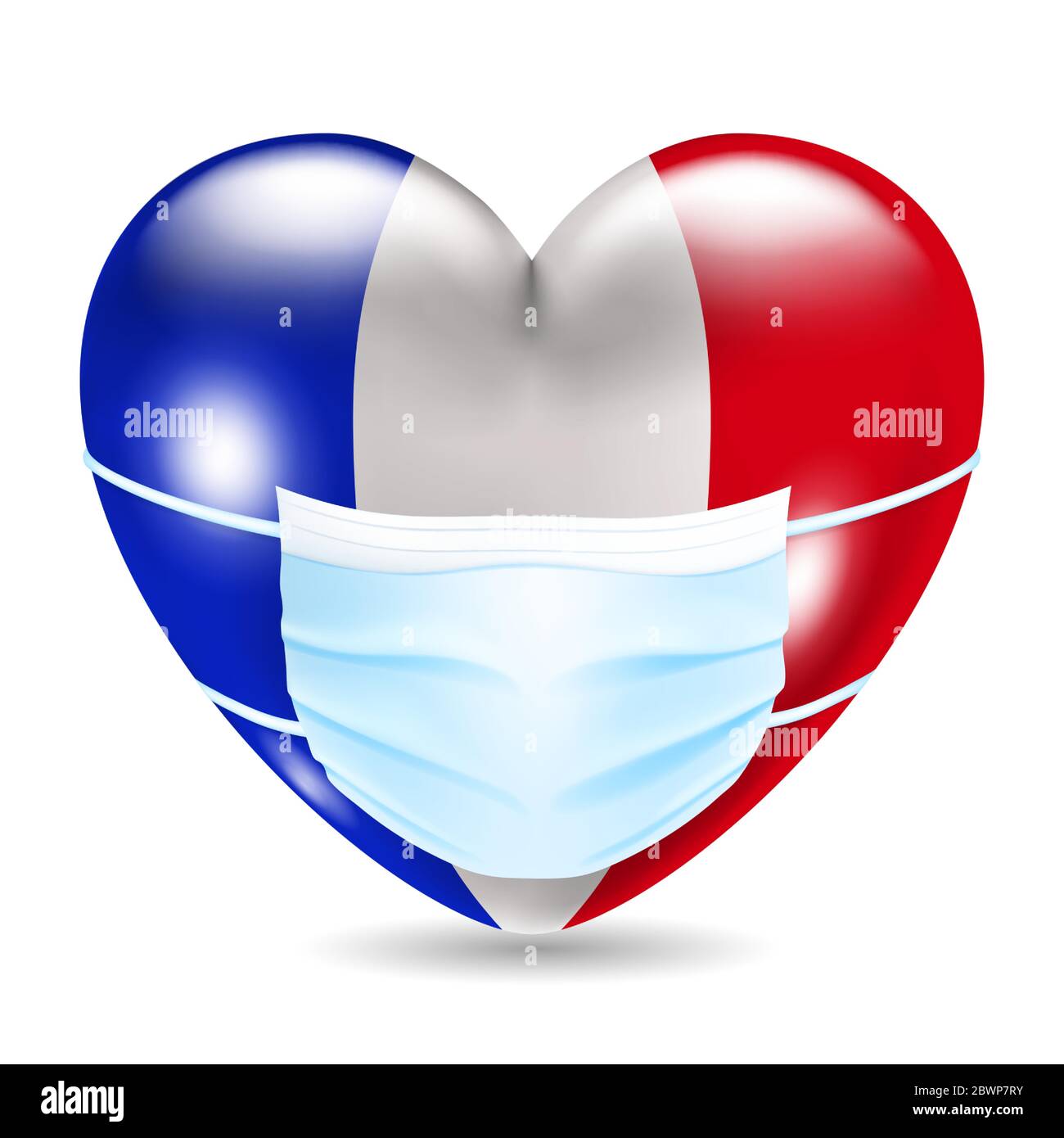 Heart in the France flag colors with a medical mask for protection from coronavirus Stock Vector