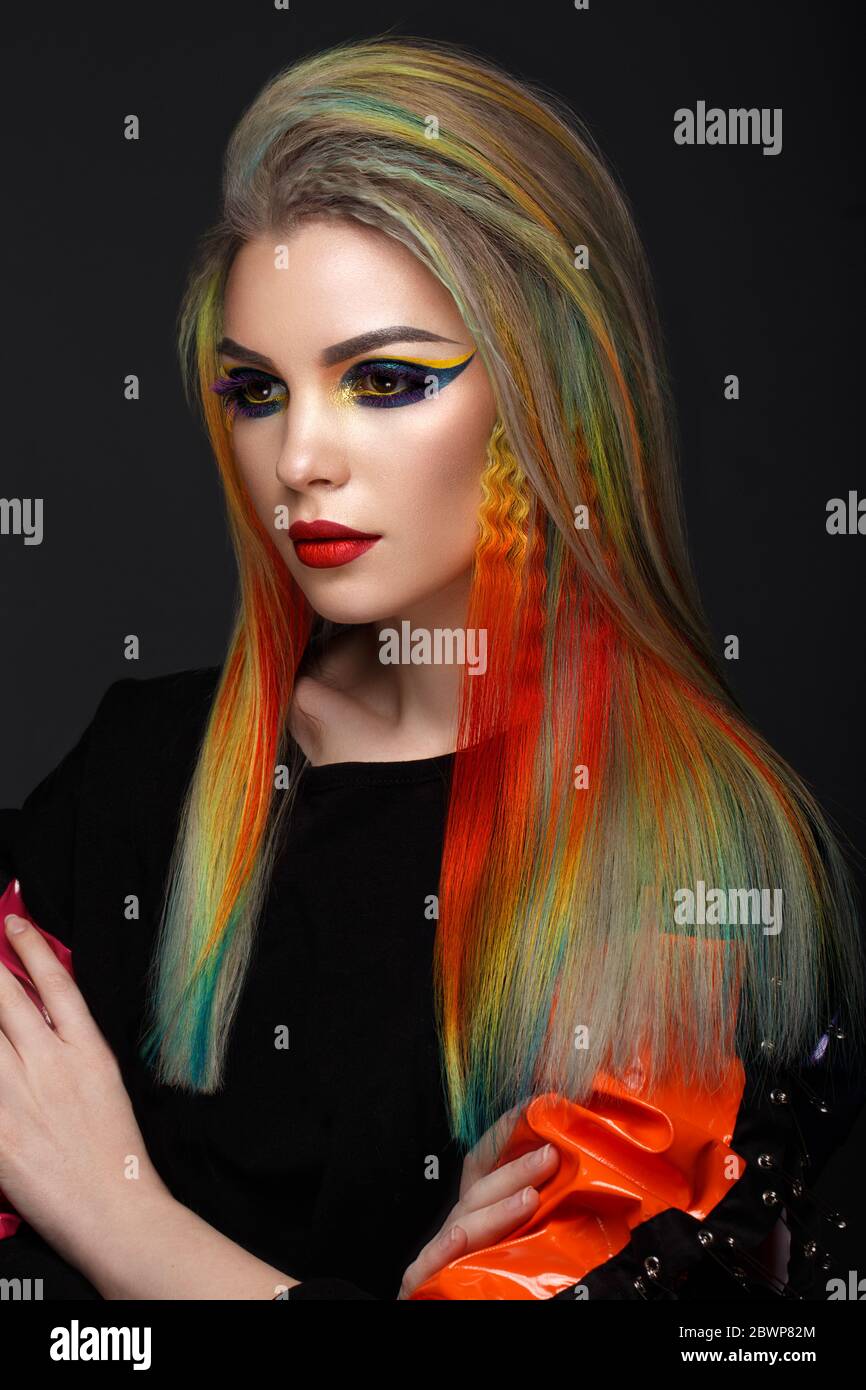 Beautiful Girl With Multi Colored Hair And Creative Make Up And Hairstyle Beauty Face Photo Taken In The Studio Stock Photo Alamy