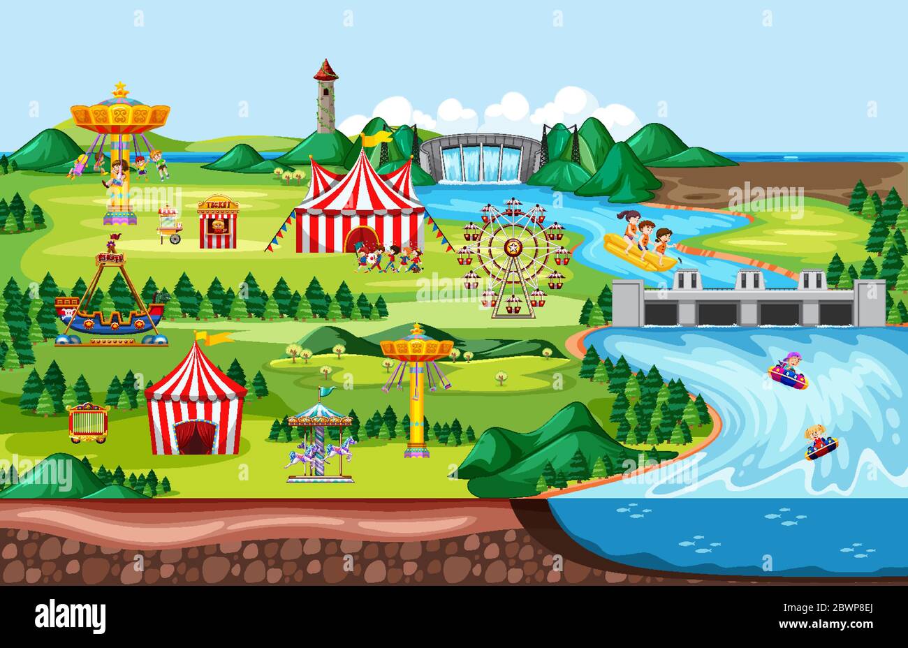 Theme amusement park landscape scene and many rides with happy children ...