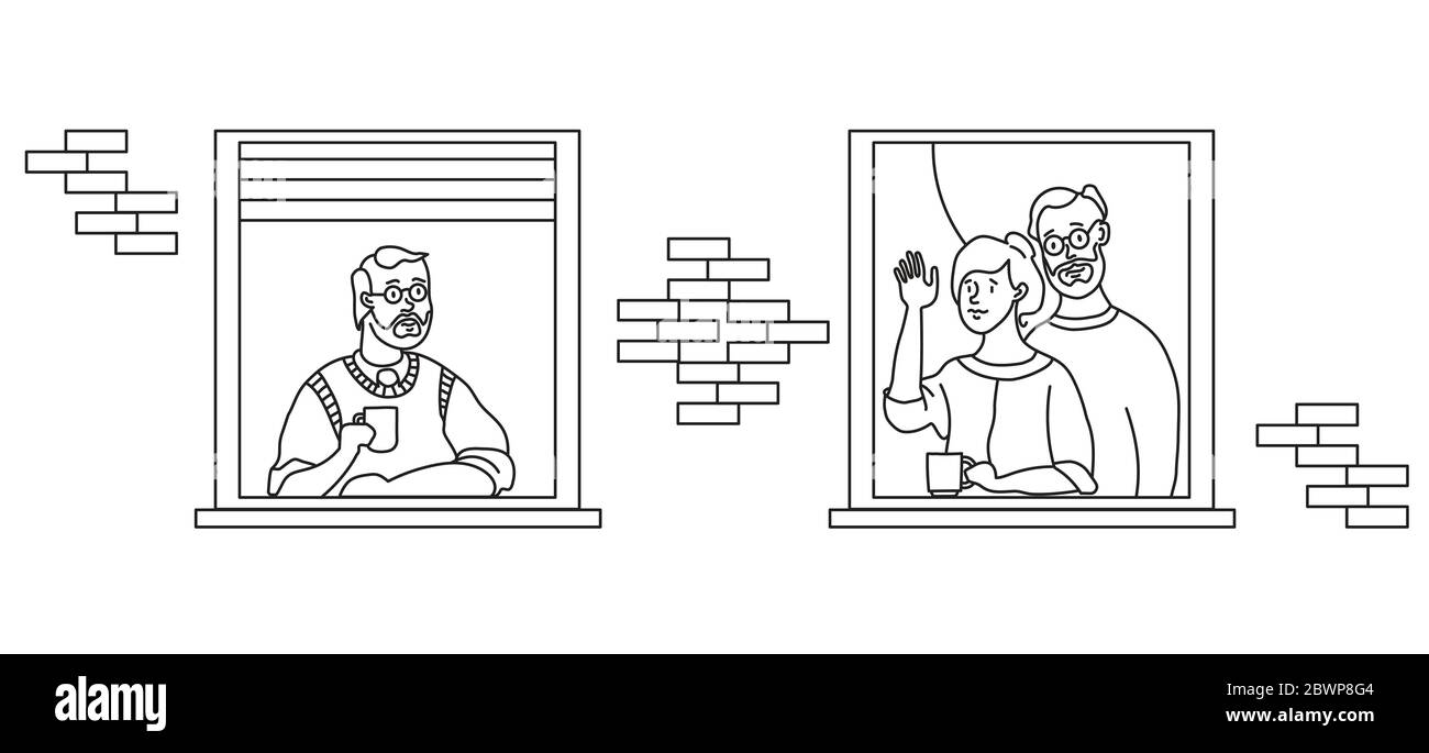elderly couple looking for a house. windows with people neighbors. Self-isolation, quarantine during COVID-19. Stay home. An old man and a married Stock Vector