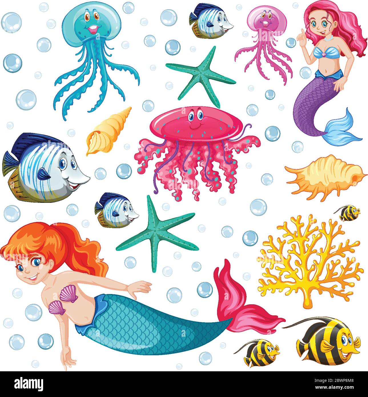 Set of sea animals and mermaid cartoon character on white background  illustration Stock Vector Image & Art - Alamy